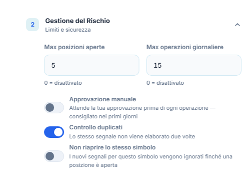 Gestione del Rischio avanzata: max posizioni e operazioni giornaliere, Approvazione manuale con avviso rosso, Controllo duplicati, Non riaprire lo stesso simbolo, minuti di attesa prima della chiusura