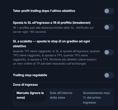 Colonna gestione SL/TP: take-profit trailing, breakeven, SL a scalini, trailing stop regolabile con campi di attivazione/ritracciamento, Zona di ingresso