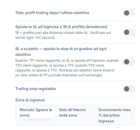 Colonna gestione SL/TP: take-profit trailing, breakeven, SL a scalini, trailing stop regolabile con campi di attivazione/ritracciamento, Zona di ingresso