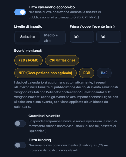 Colonna mercato dello Scudo di Protezione: filtro calendario economico, livello di impatto, minuti prima e dopo l'evento, eventi monitorati, guardia di volatilità e filtro funding