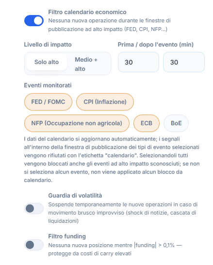 Colonna mercato dello Scudo di Protezione: filtro calendario economico, livello di impatto, minuti prima e dopo l'evento, eventi monitorati, guardia di volatilità e filtro funding