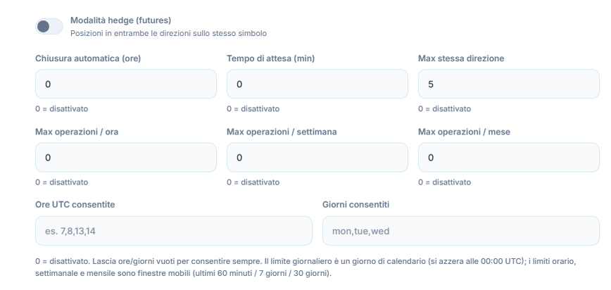 Esecuzione Avanzata: Modalità hedge, Chiusura automatica, Tempo di attesa, Max stessa direzione, limiti di operazioni orari, settimanali e mensili, ore UTC consentite e giorni consentiti
