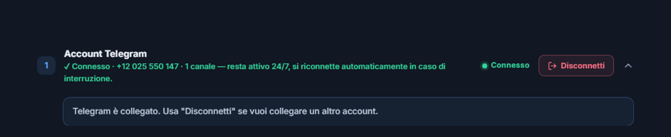 Sezione Account Telegram dopo il collegamento: badge verde Connesso, pulsante Disconnetti e nota di Telegram collegato