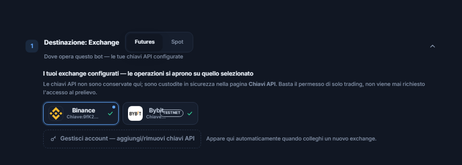Sezione Destinazione: Exchange dopo il collegamento della chiave API: scelta Futures/Spot, scheda Binance selezionata con bordo blu, scheda Bybit con badge TESTNET e link Gestisci account
