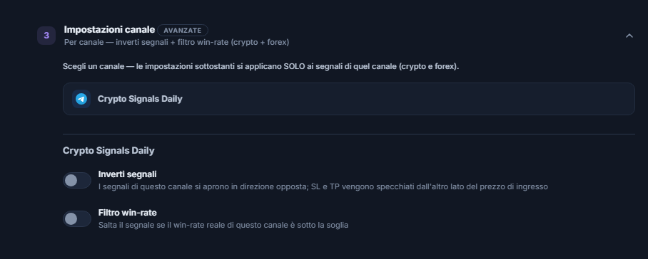 Accordion Impostazioni canale: riga del canale selezionato con bordo, sotto gli interruttori Inverti segnali e Filtro win-rate