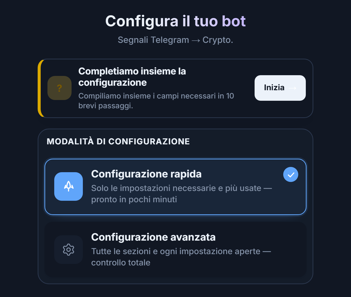 Parte superiore della schermata Configura il tuo bot: pulsante Inizia della guida alla configurazione, schede Configurazione rapida e Configurazione avanzata