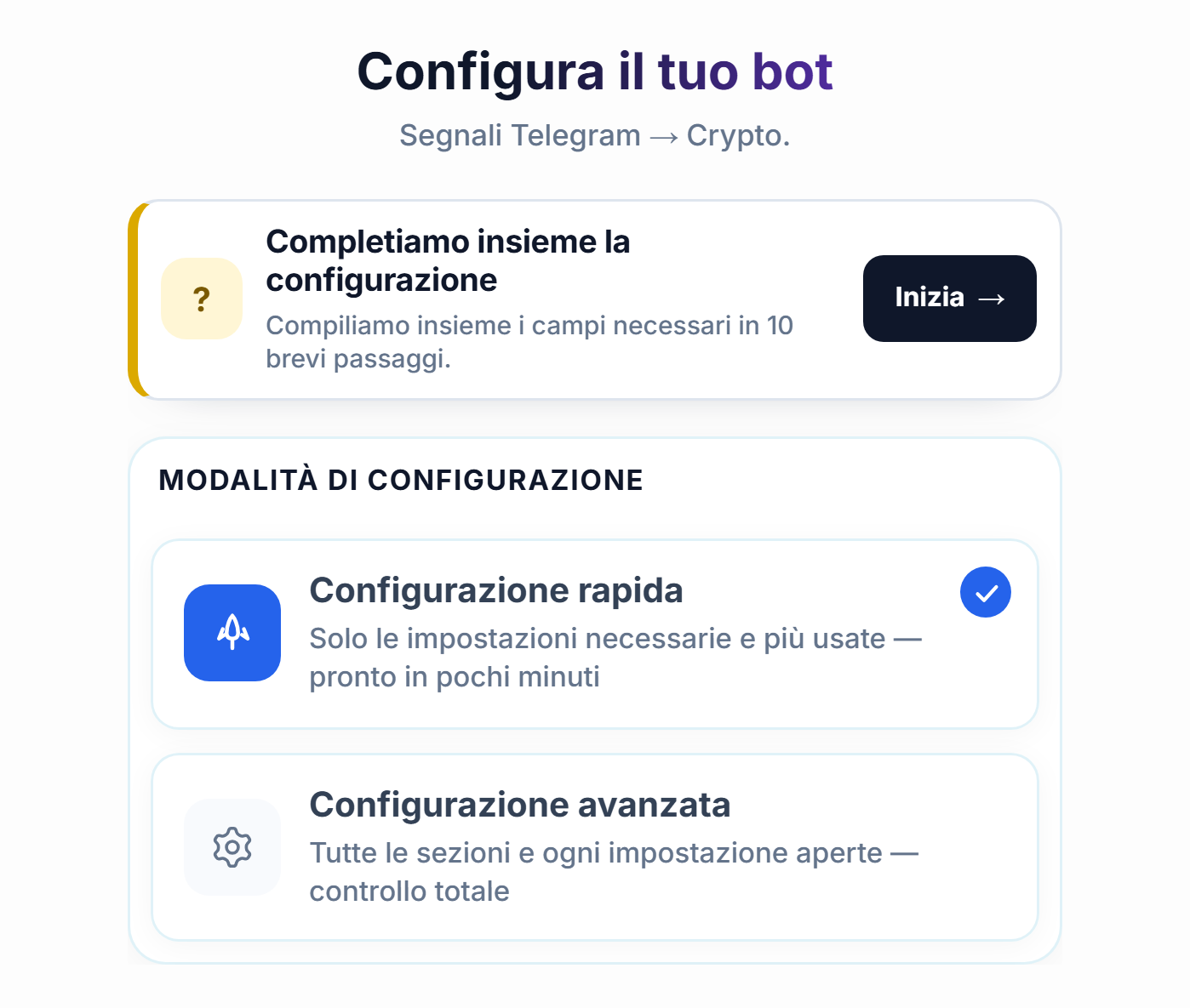 Parte superiore della schermata Configura il tuo bot: pulsante Inizia della guida alla configurazione, schede Configurazione rapida e Configurazione avanzata