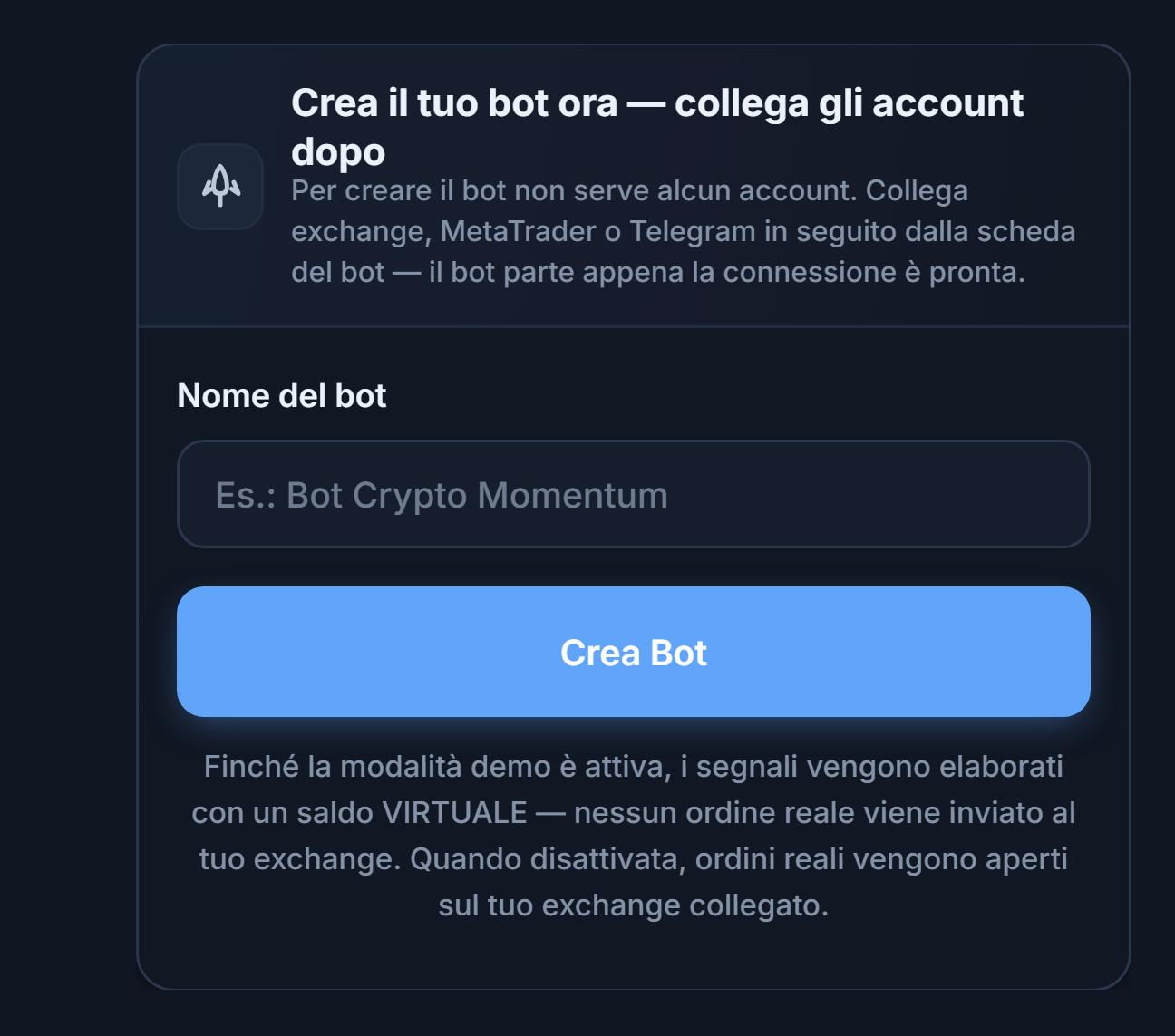 Pannello Crea subito il tuo bot: campo Nome del bot e pulsante Crea Bot