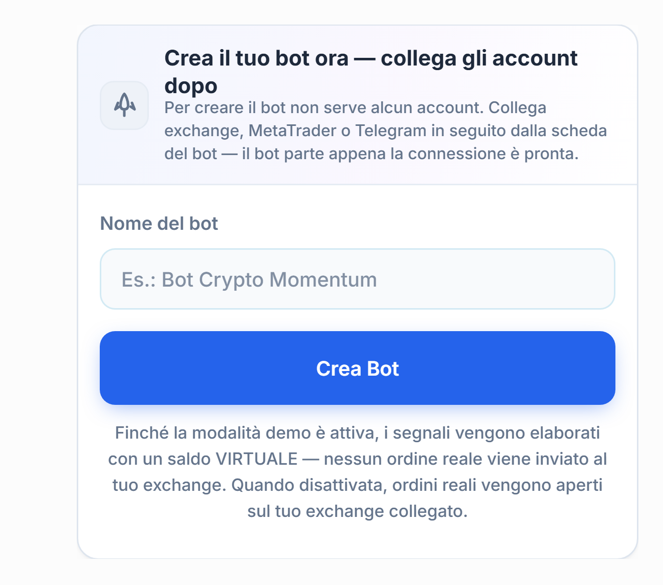 Pannello Crea subito il tuo bot: campo Nome del bot e pulsante Crea Bot