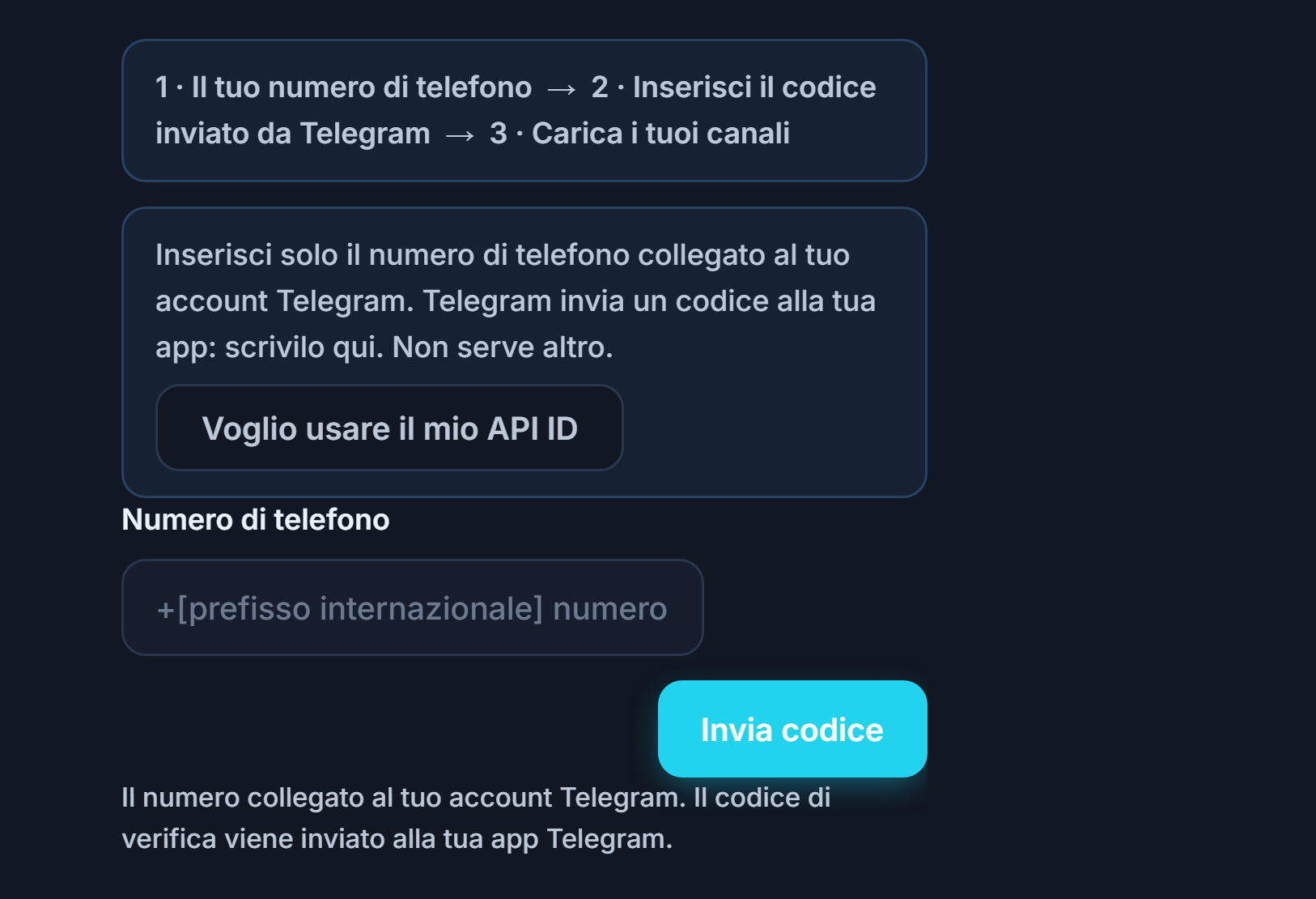 Collegamento Telegram: barra dei passaggi, campo Numero di telefono e pulsante Invia codice