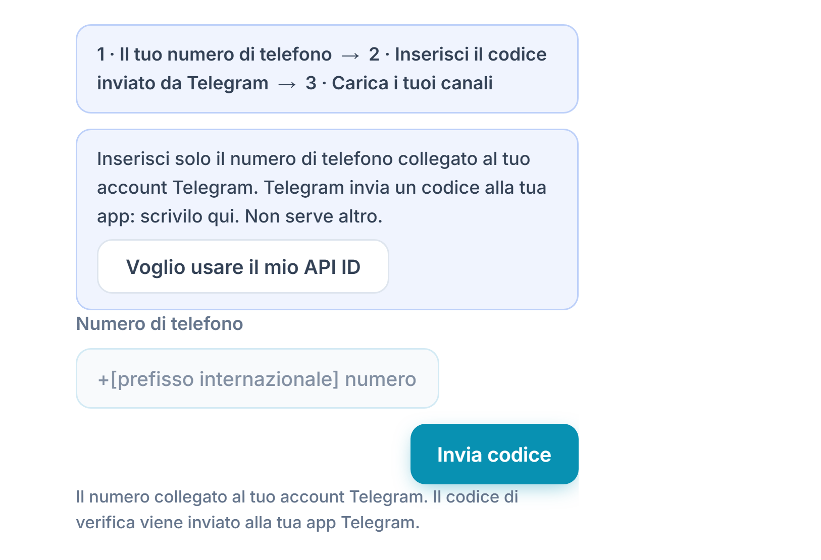 Collegamento Telegram: barra dei passaggi, campo Numero di telefono e pulsante Invia codice