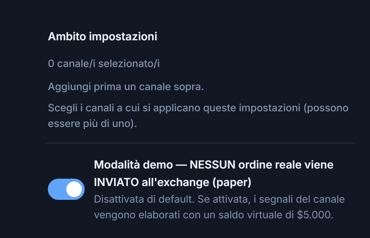 Parte superiore di Configurazione Crypto: Ambito impostazioni (0 canali selezionati) e interruttore Modalità Demo disattivato