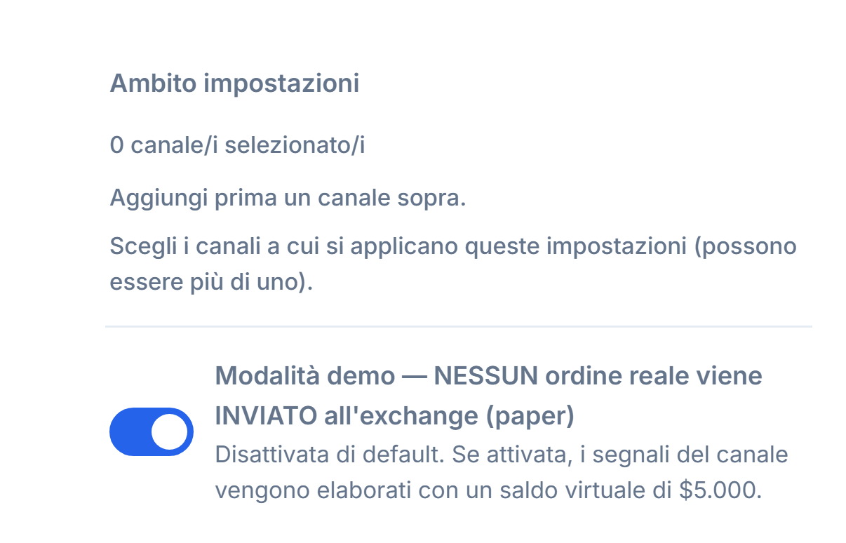 Parte superiore di Configurazione Crypto: Ambito impostazioni (0 canali selezionati) e interruttore Modalità Demo disattivato