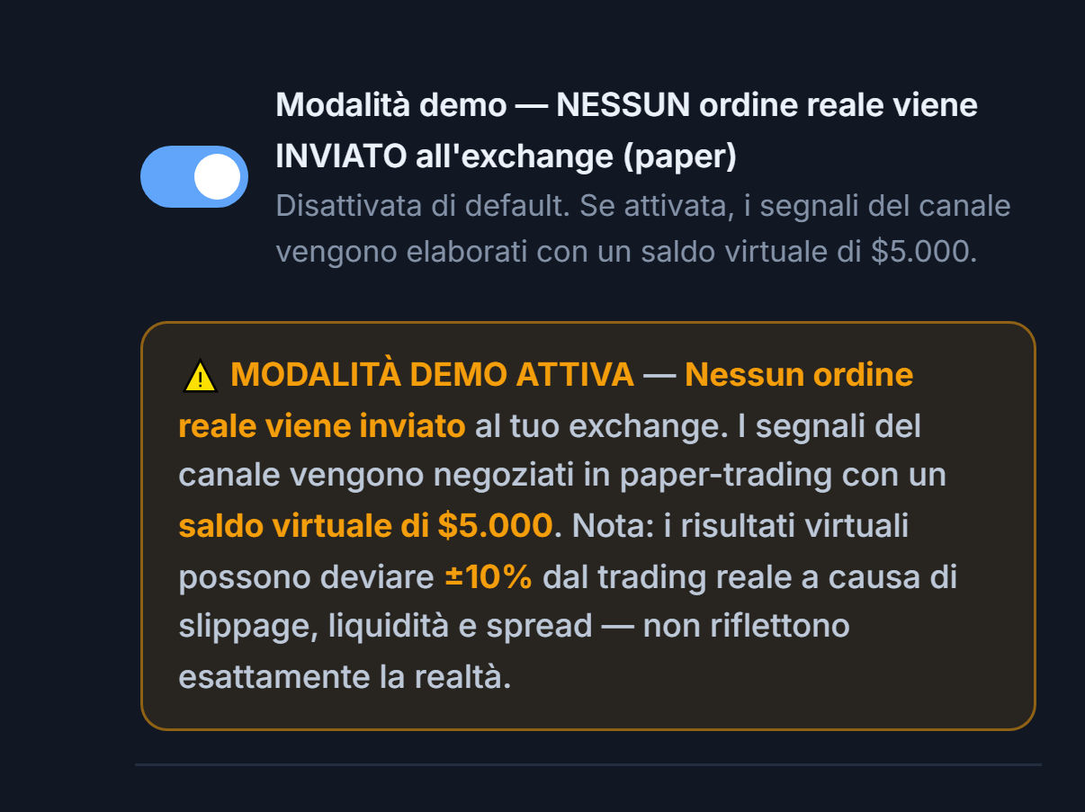 Modalità demo attiva: interruttore acceso e banner d'avviso arancione MODALITÀ DEMO ATTIVA