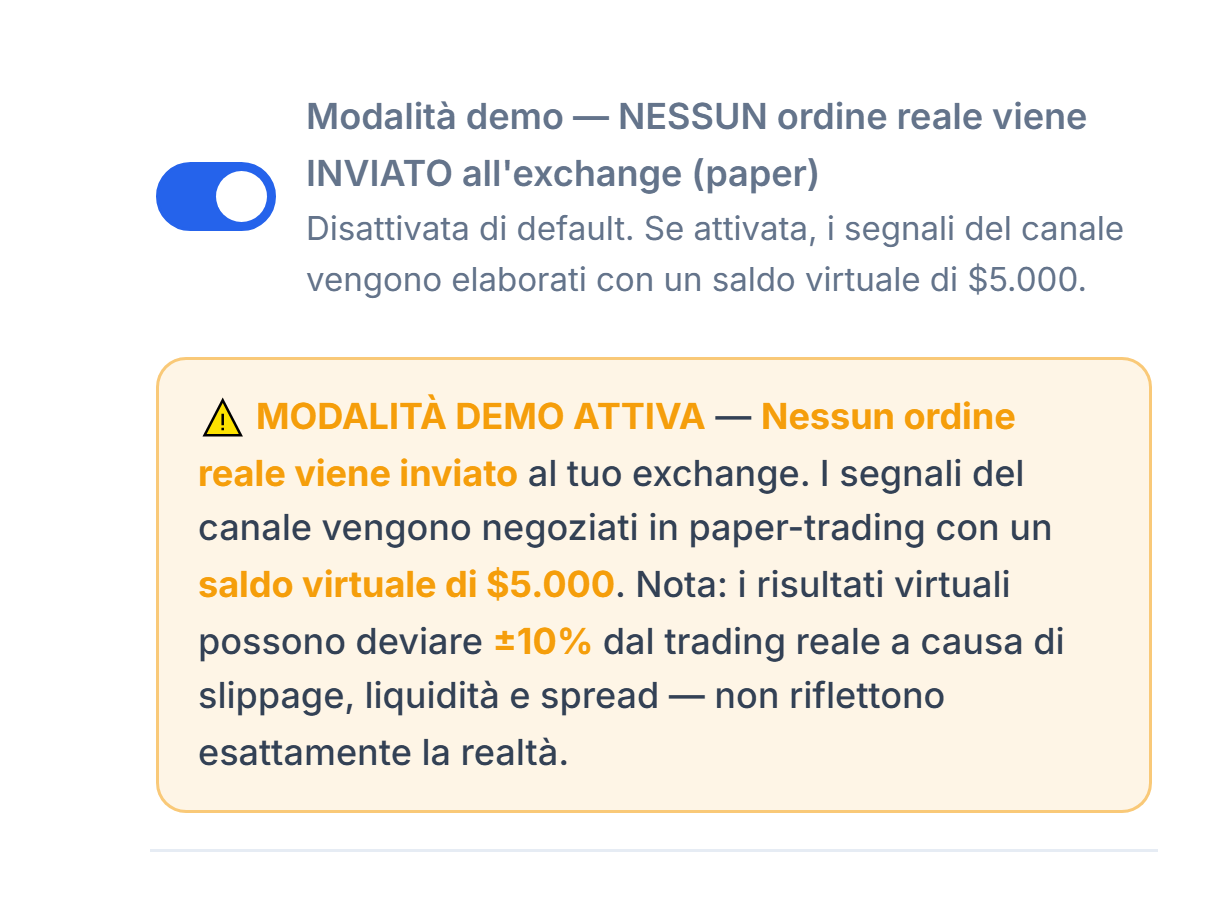 Modalità demo attiva: interruttore acceso e banner d'avviso arancione MODALITÀ DEMO ATTIVA