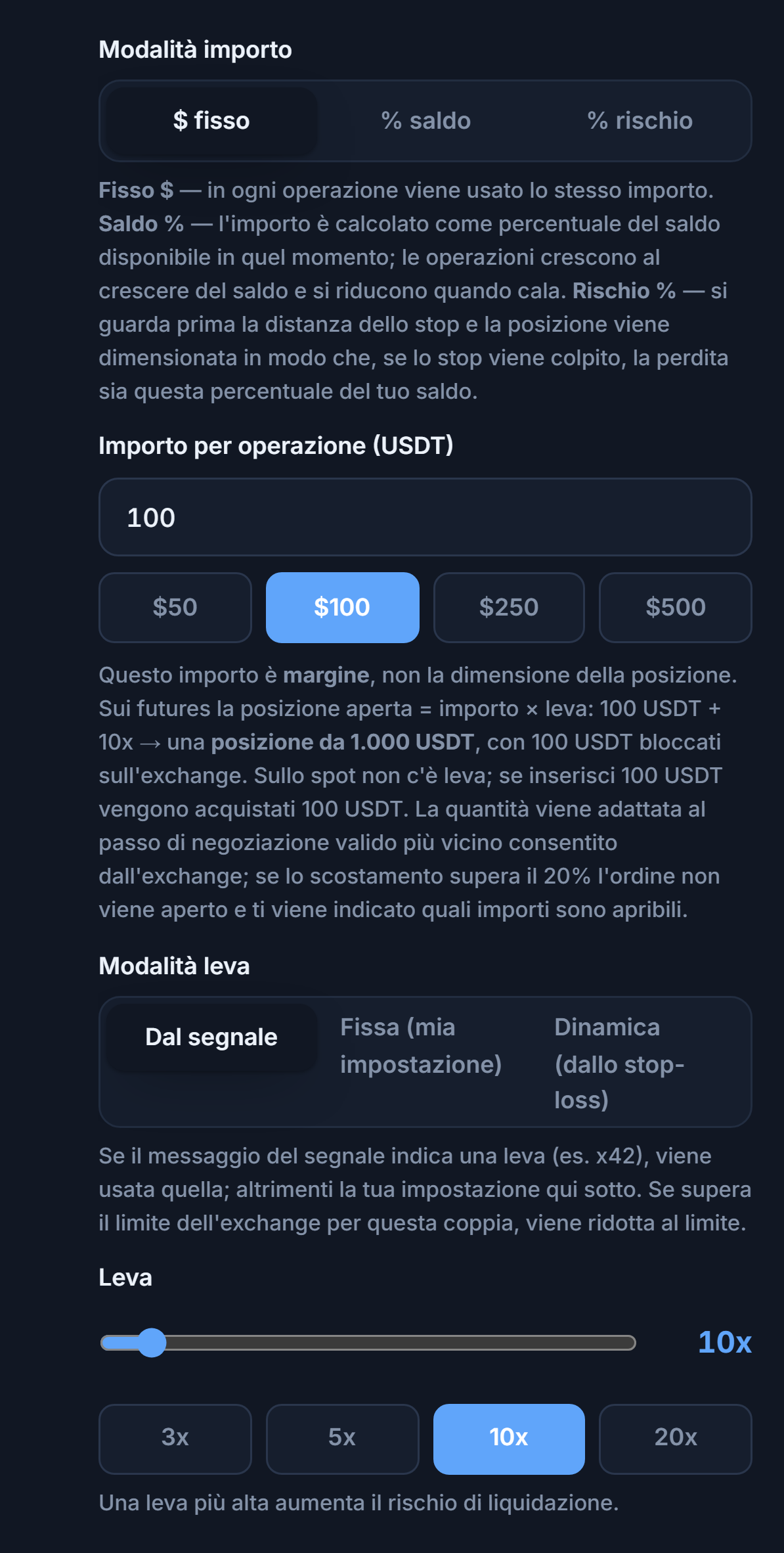 Dimensione Posizione e Leva: modalità dollaro fisso, importo per operazione, modalità leva e cursore della leva