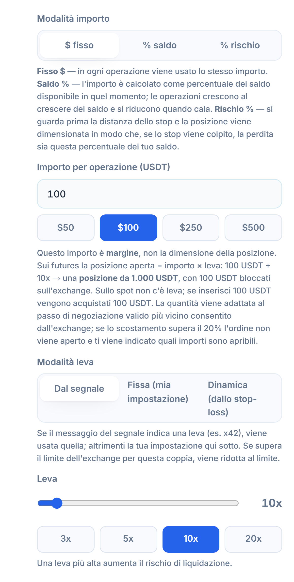 Dimensione Posizione e Leva: modalità dollaro fisso, importo per operazione, modalità leva e cursore della leva