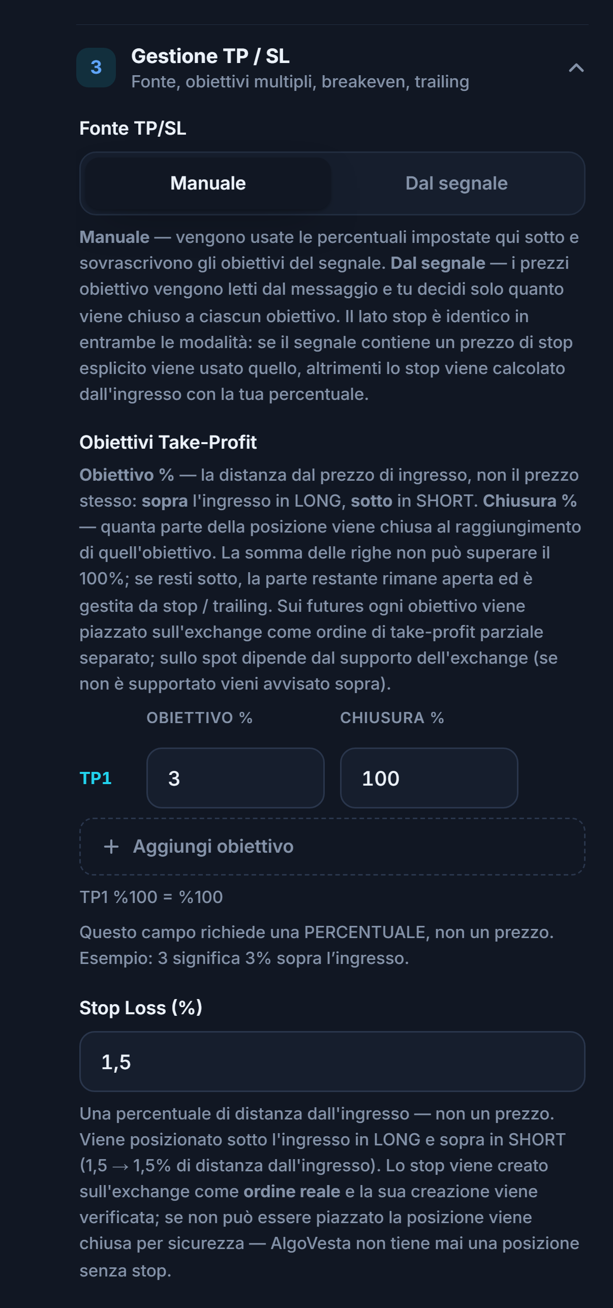 Gestione TP/SL manuale: fonte TP/SL, tabella degli obiettivi Take-Profit, pulsante Aggiungi obiettivo e campo percentuale Stop Loss