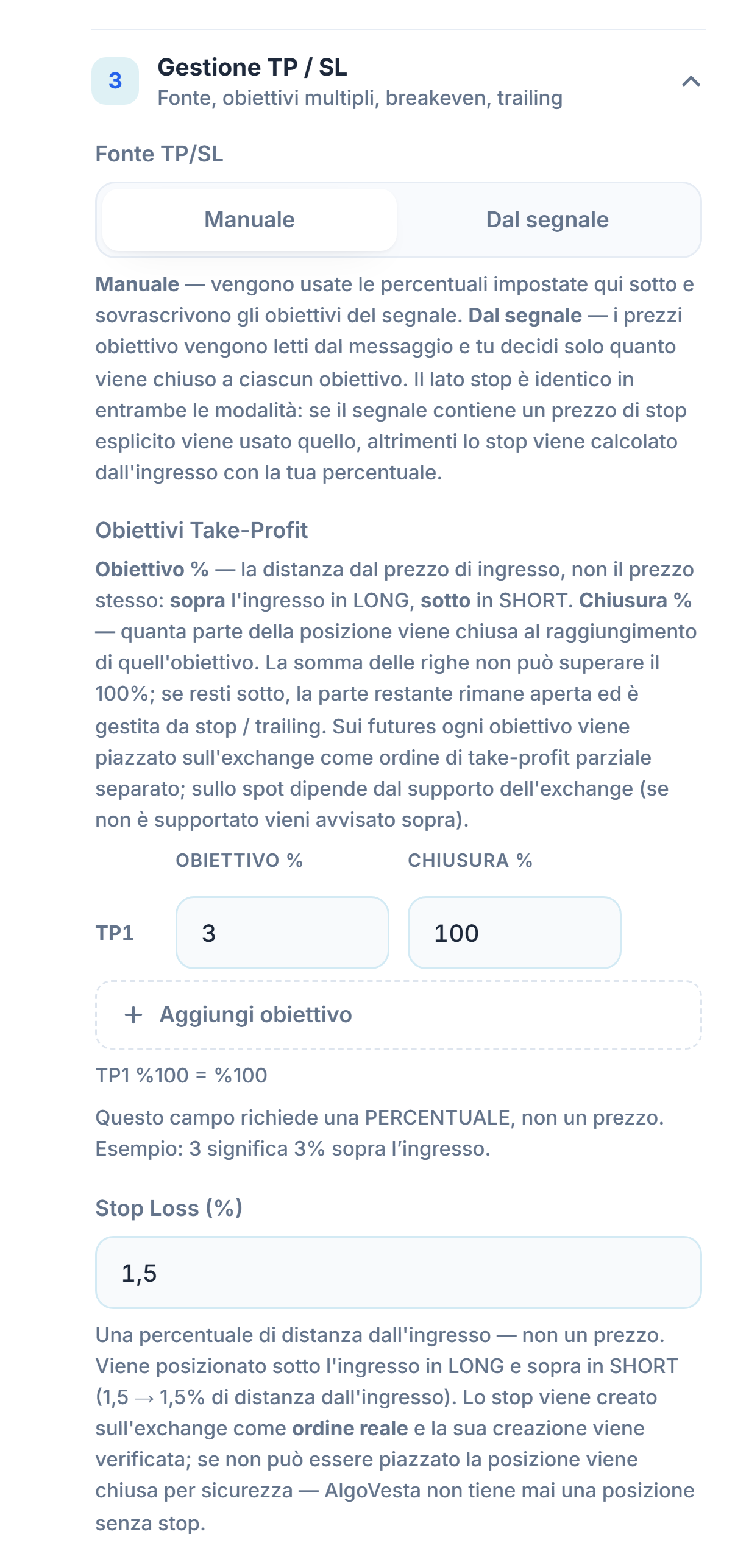 Gestione TP/SL manuale: fonte TP/SL, tabella degli obiettivi Take-Profit, pulsante Aggiungi obiettivo e campo percentuale Stop Loss