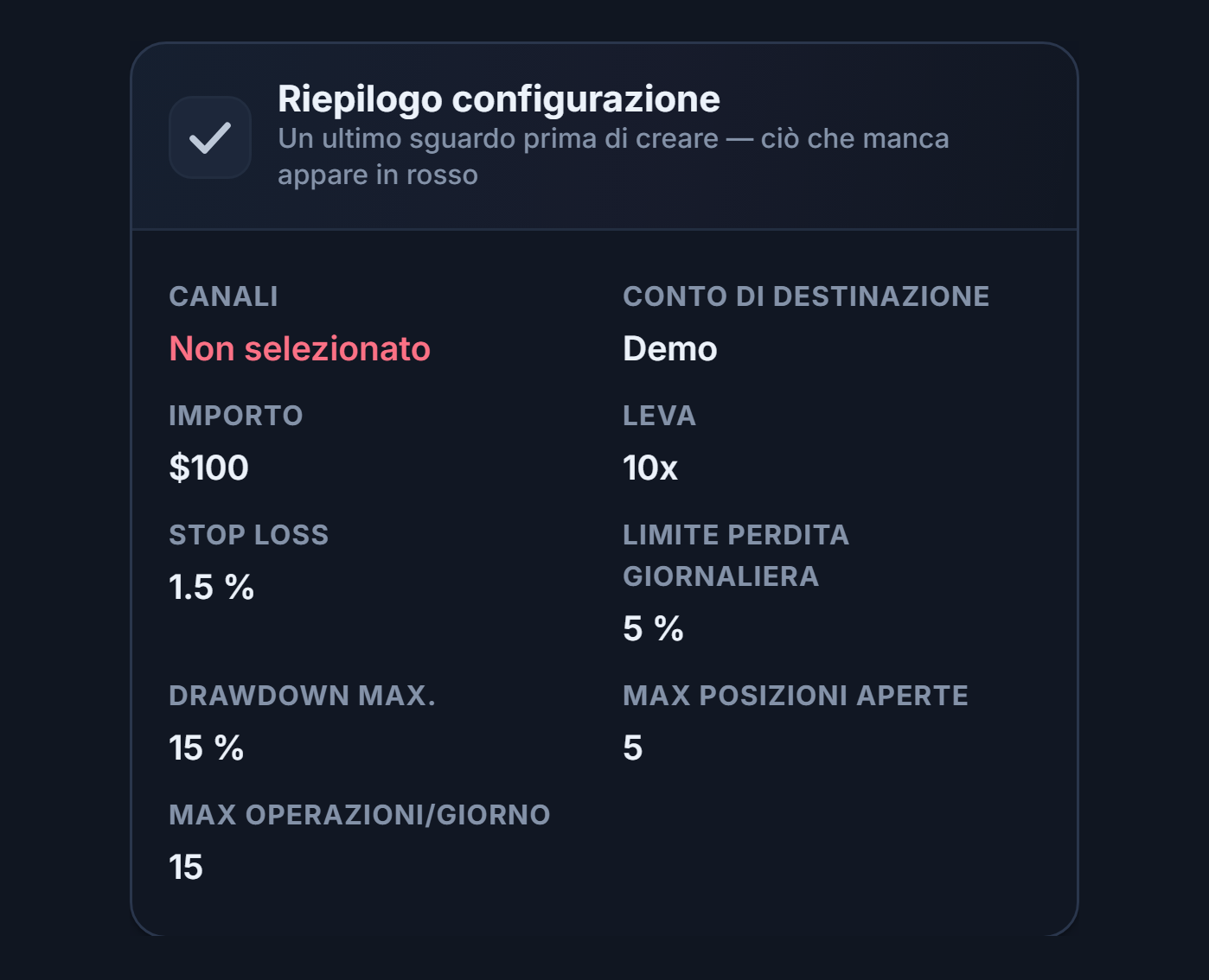 Riepilogo della configurazione: campo Canale con la scritta rossa Non selezionato, campo Conto di destinazione con la scritta Demo