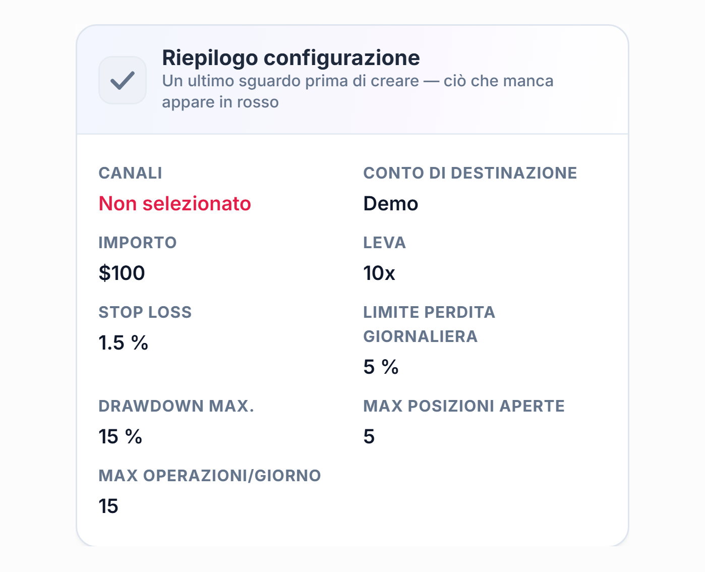 Riepilogo della configurazione: campo Canale con la scritta rossa Non selezionato, campo Conto di destinazione con la scritta Demo
