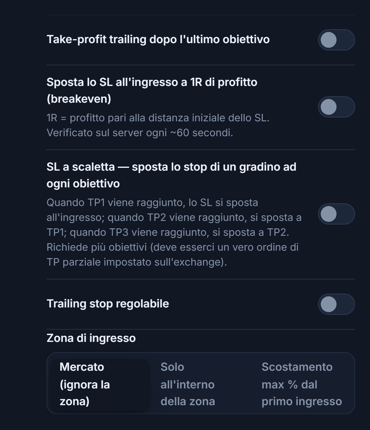 Colonna gestione SL/TP: take-profit trailing, breakeven, SL a scalini, trailing stop regolabile con campi di attivazione/ritracciamento, Zona di ingresso