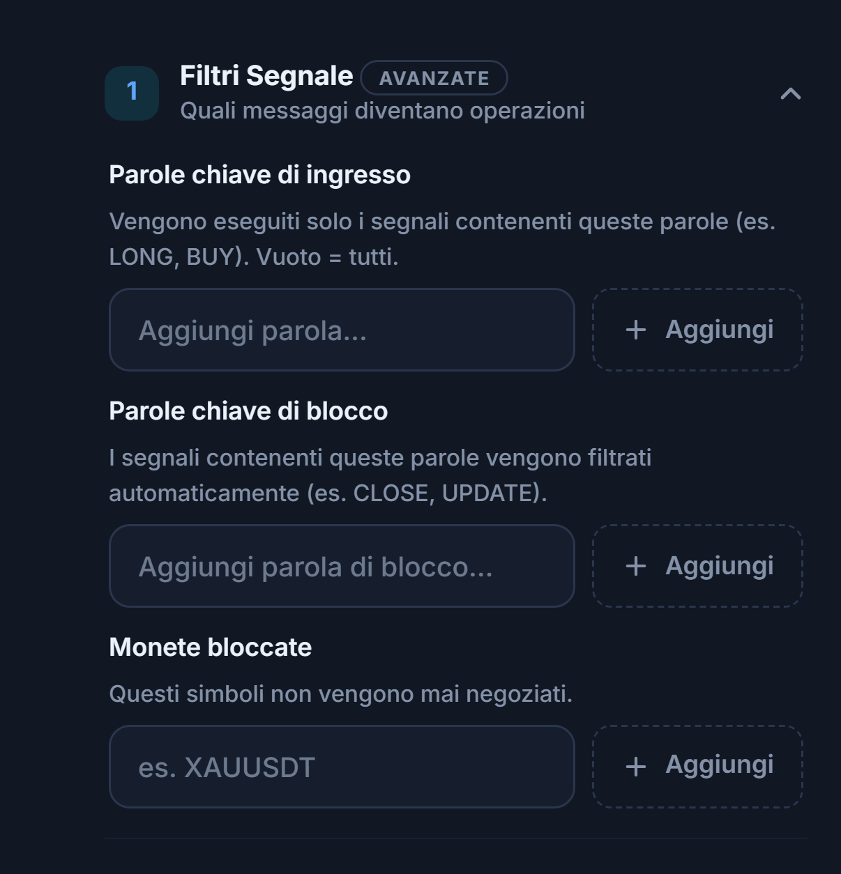 Filtri Segnale: Parole chiave di ingresso, Parole chiave di blocco e Monete bloccate