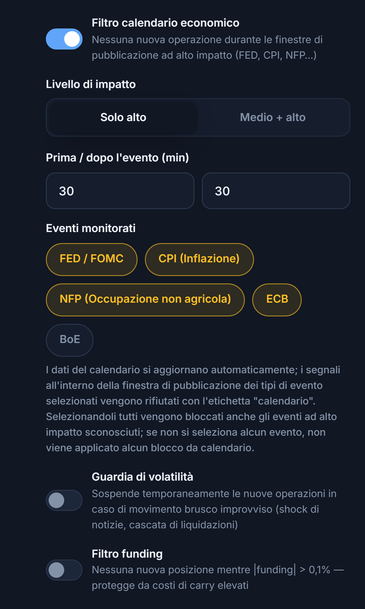 Colonna mercato dello Scudo di Protezione: filtro calendario economico, livello di impatto, minuti prima e dopo l'evento, eventi monitorati, guardia di volatilità e filtro funding