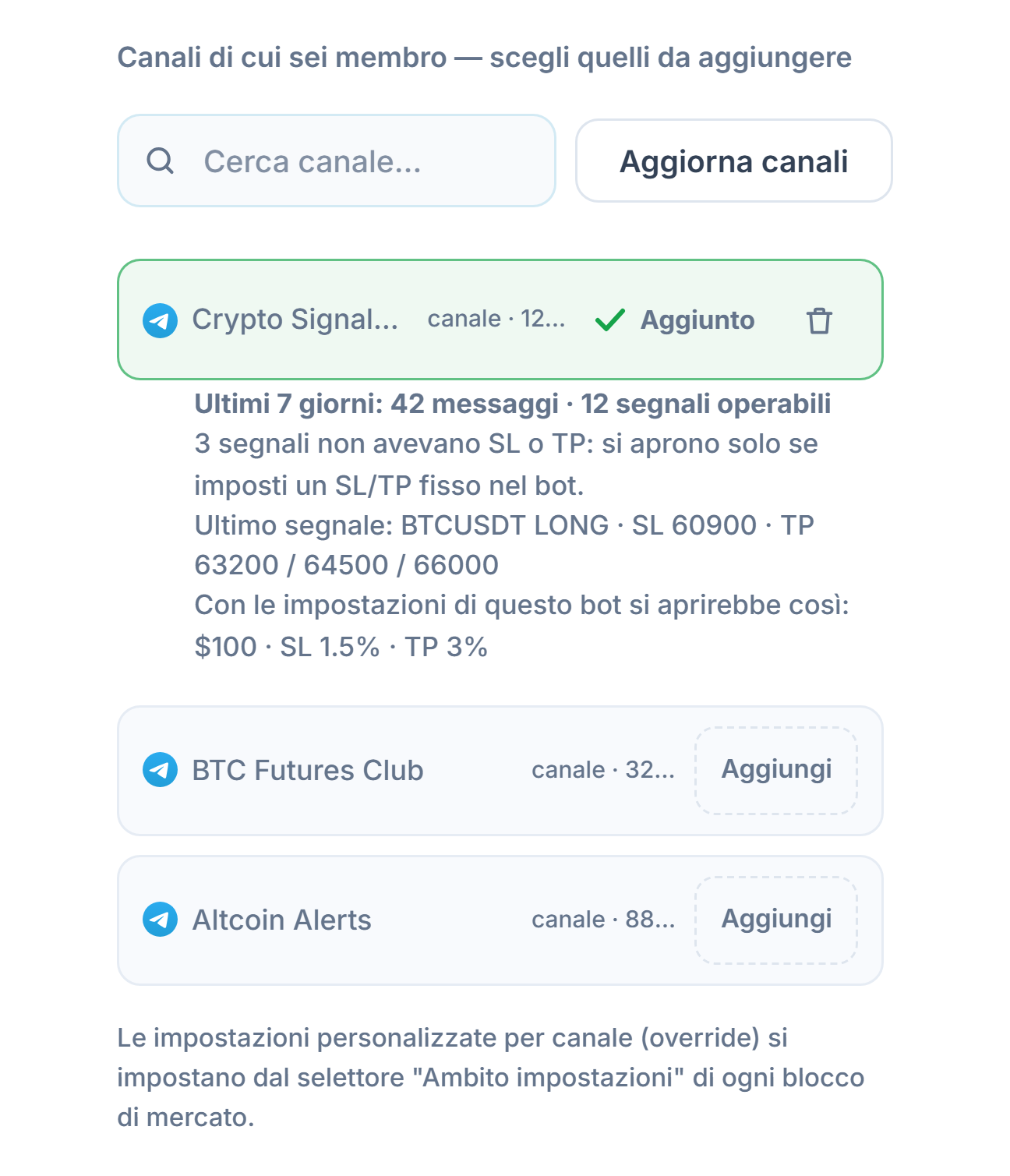 Sezione Canali dei segnali dopo il collegamento: casella di ricerca dei canali, pulsante Aggiorna canali, canali con il pulsante Aggiungi, segno Aggiunto su un canale già aggiunto e sotto la scheda del canale degli ultimi 7 giorni