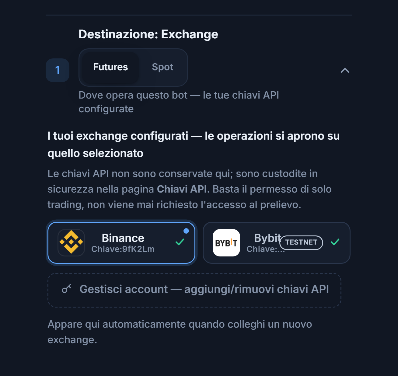 Sezione Destinazione: Exchange dopo il collegamento della chiave API: scelta Futures/Spot, scheda Binance selezionata con bordo blu, scheda Bybit con badge TESTNET e link Gestisci account