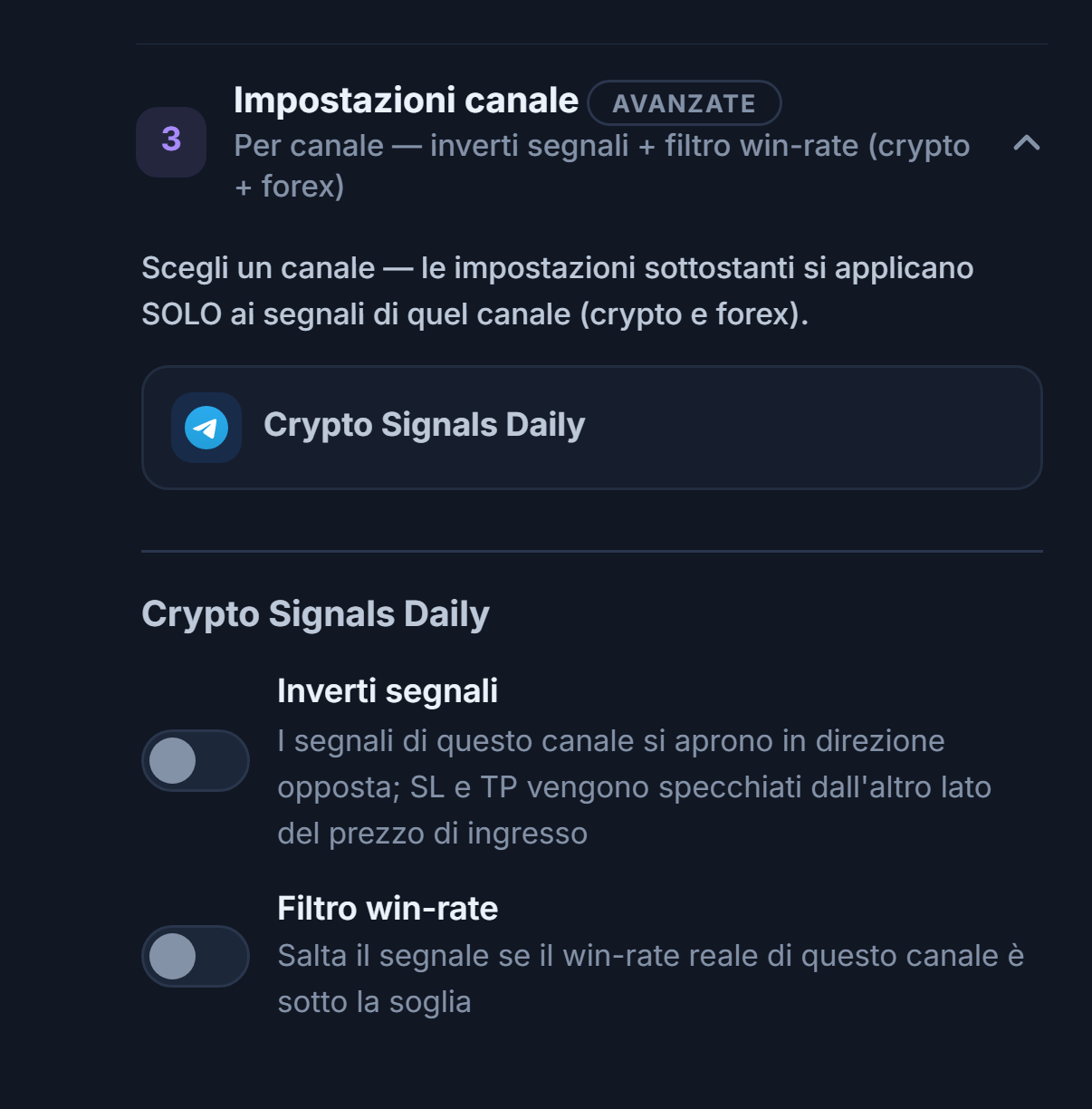 Accordion Impostazioni canale: riga del canale selezionato con bordo, sotto gli interruttori Inverti segnali e Filtro win-rate