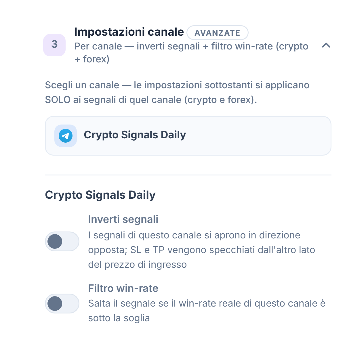 Accordion Impostazioni canale: riga del canale selezionato con bordo, sotto gli interruttori Inverti segnali e Filtro win-rate