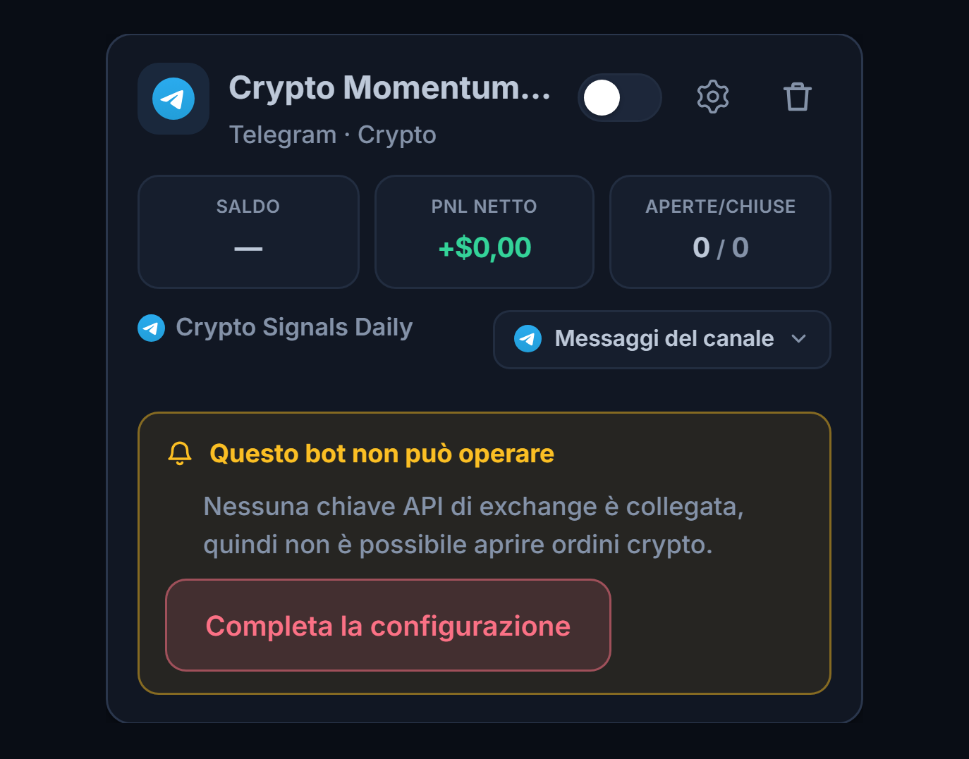 Scheda di un bot appena creato nel pannello I miei bot: nome e fonte del bot, elenco Questo bot non può aprire operazioni e pulsante Completa la configurazione