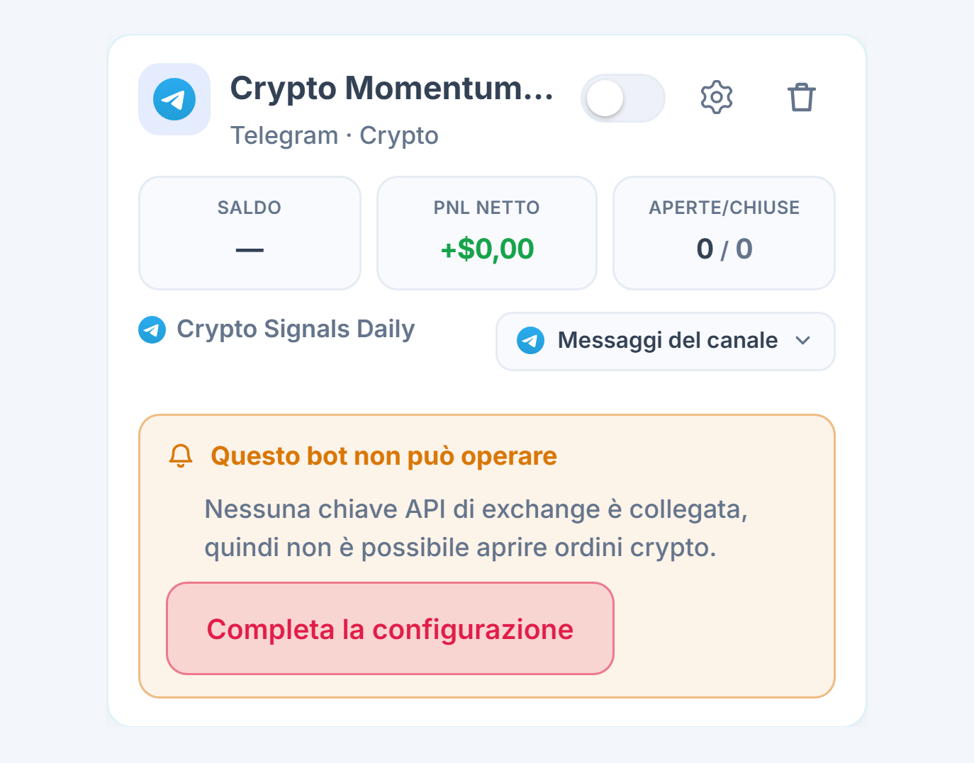 Scheda di un bot appena creato nel pannello I miei bot: nome e fonte del bot, elenco Questo bot non può aprire operazioni e pulsante Completa la configurazione