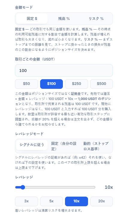 ポジションサイズとレバレッジ：固定ドルモード、取引ごとの金額、レバレッジモード、レバレッジスライダー