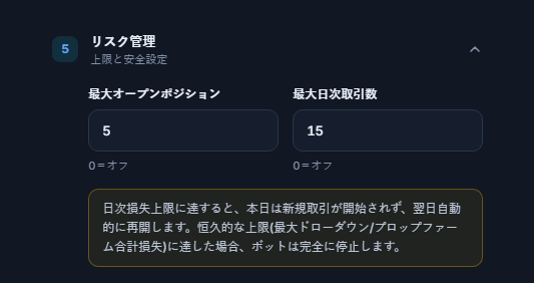 リスク管理のクイックモード：最大オープンポジションと最大日次取引数