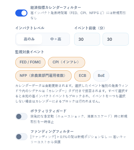 保護シールド 市場列：経済指標カレンダーフィルター、インパクトレベル、イベント前後の分数、監視対象イベント、ボラティリティガード、ファンディングフィルター