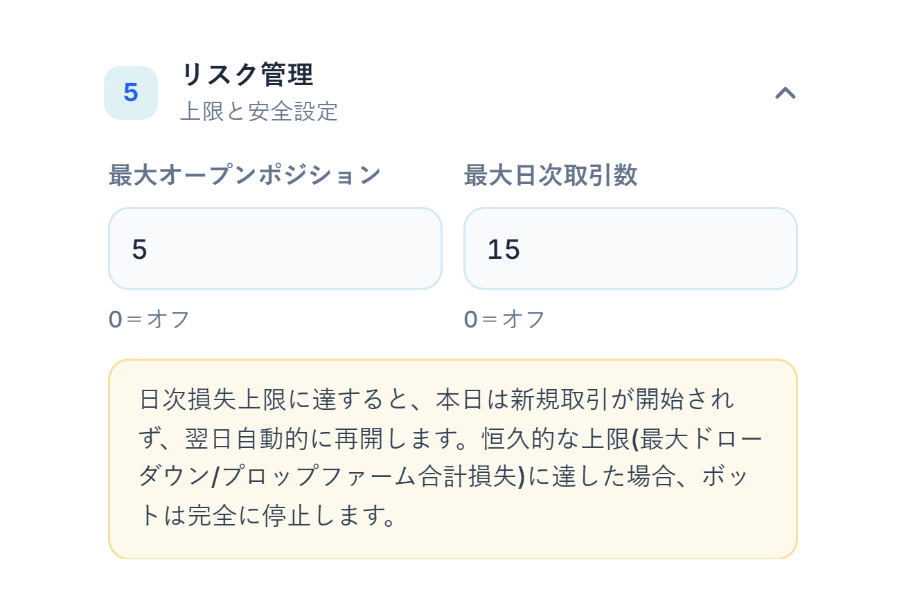 リスク管理のクイックモード：最大オープンポジションと最大日次取引数