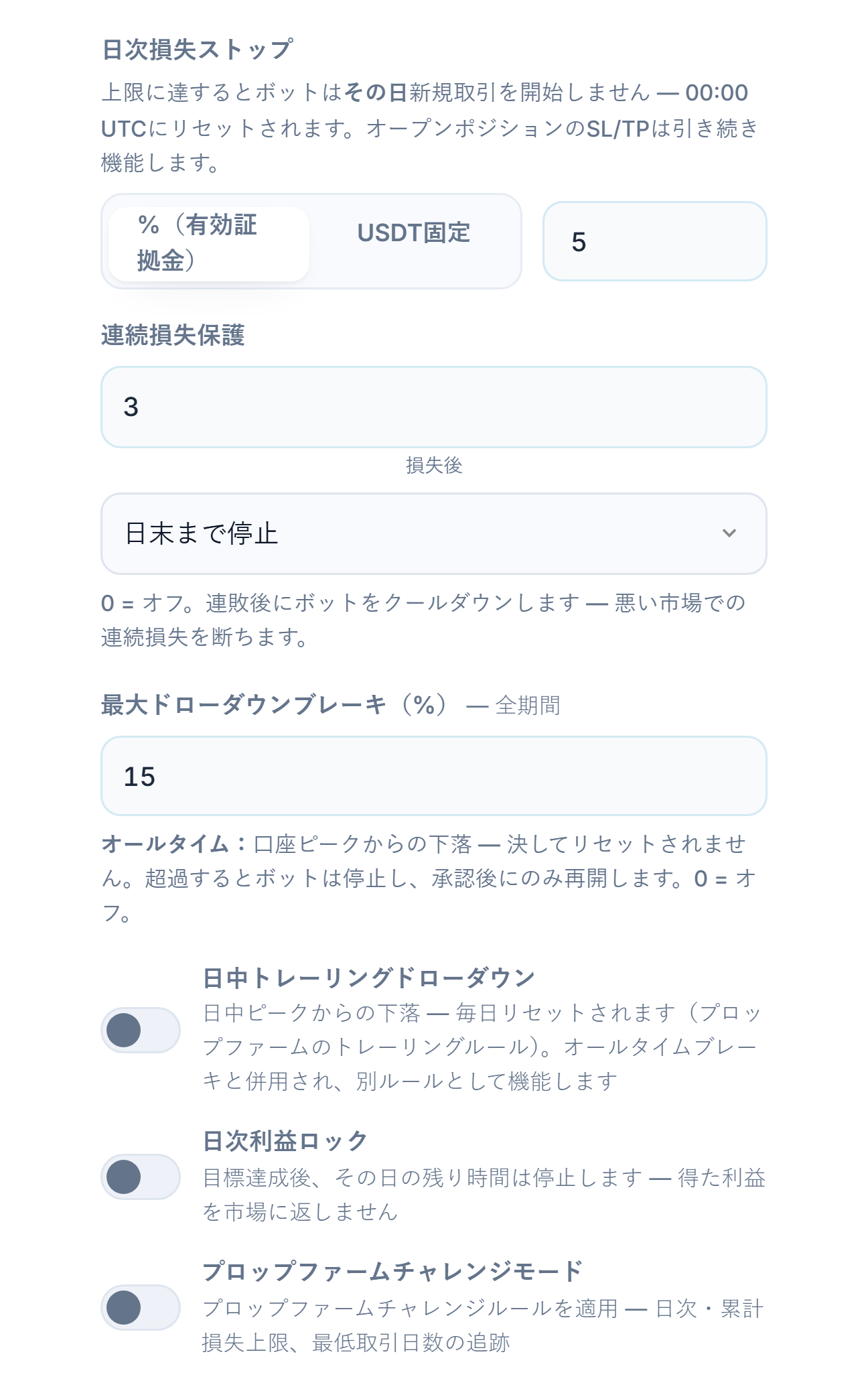 保護シールド 詳細、損失列：日次損失、連続損失、最大ドローダウン、日中トレーリングドローダウン、日中ドローダウン上限とリセット時刻、日次利益ロック