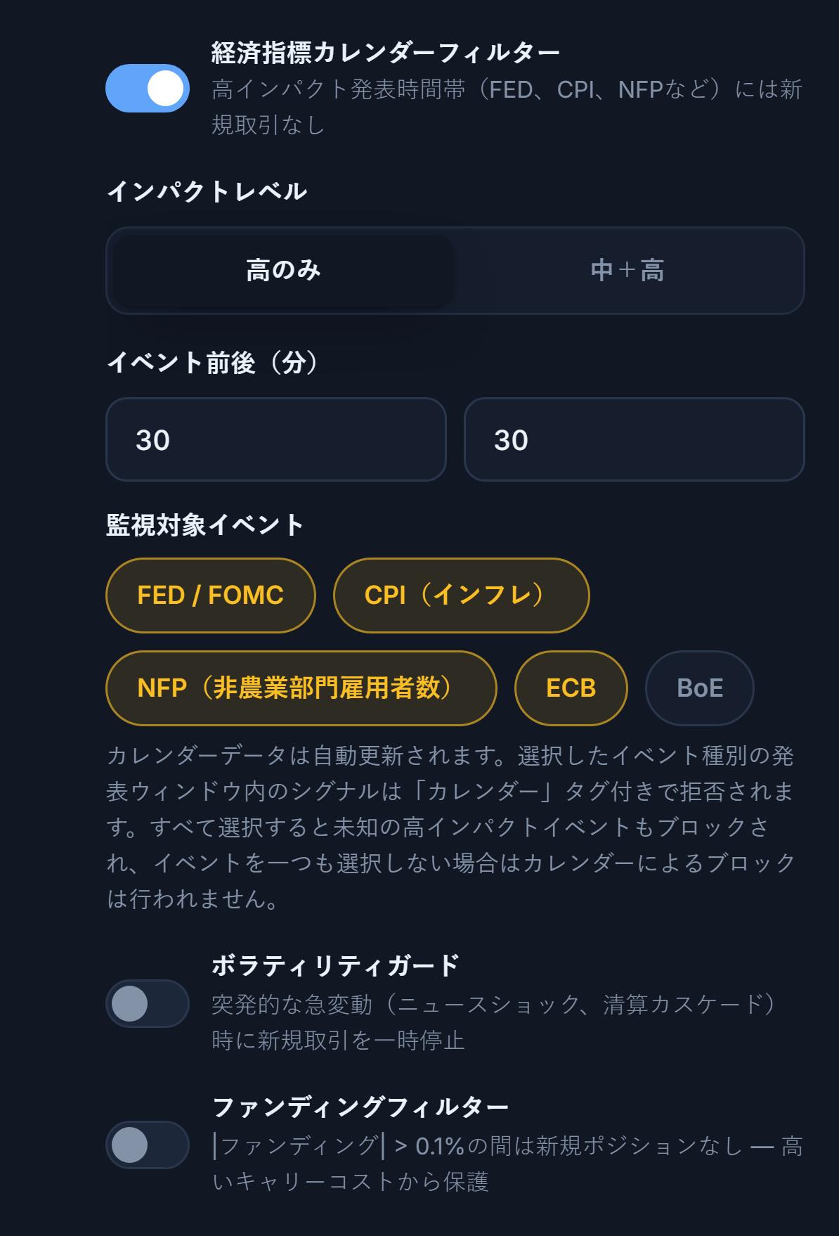保護シールド 市場列：経済指標カレンダーフィルター、インパクトレベル、イベント前後の分数、監視対象イベント、ボラティリティガード、ファンディングフィルター