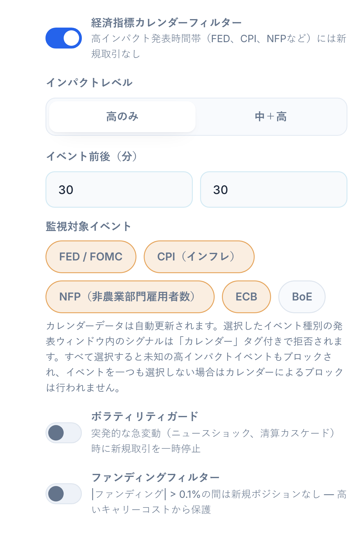 保護シールド 市場列：経済指標カレンダーフィルター、インパクトレベル、イベント前後の分数、監視対象イベント、ボラティリティガード、ファンディングフィルター