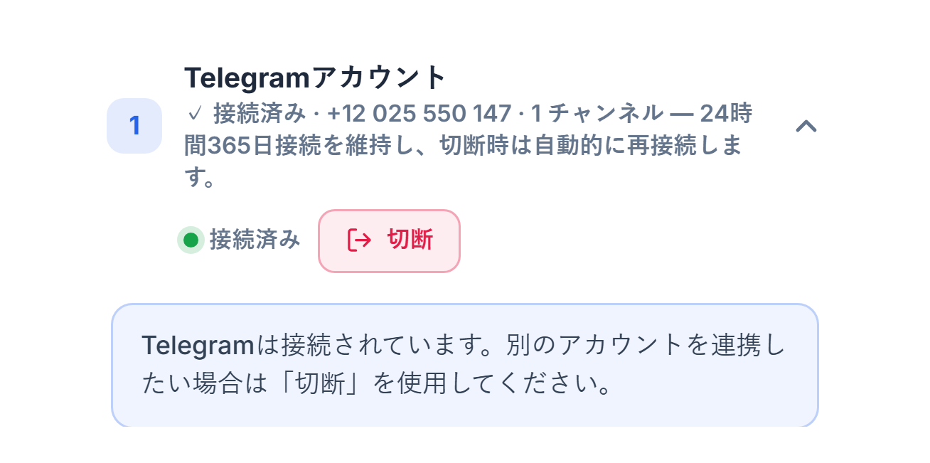 接続後のTelegramアカウントセクション：緑の「接続済み」バッジ、切断ボタン、Telegram接続済みの注記