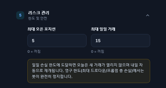 리스크 관리 빠른 모드: 최대 오픈 포지션과 최대 일일 거래
