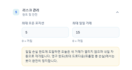 리스크 관리 빠른 모드: 최대 오픈 포지션과 최대 일일 거래