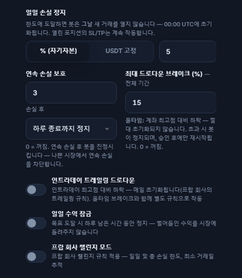 보호 실드 고급, 손실 컬럼: 일일 손실, 연속 손실, 최대 드로다운, 인트라데이 트레일링 드로다운, 인트라데이 드로다운 한도와 초기화 시간, 일일 수익 잠금