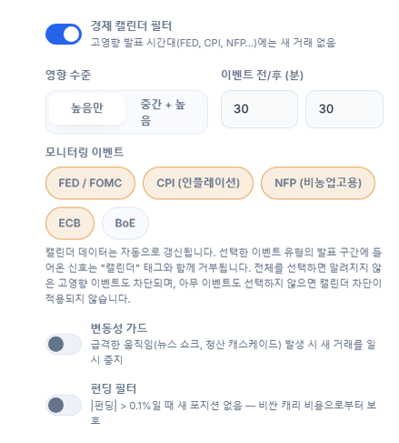 보호 실드 시장 컬럼: 경제 캘린더 필터, 영향 수준, 이벤트 전후 분, 모니터링 이벤트, 변동성 가드, 펀딩 필터