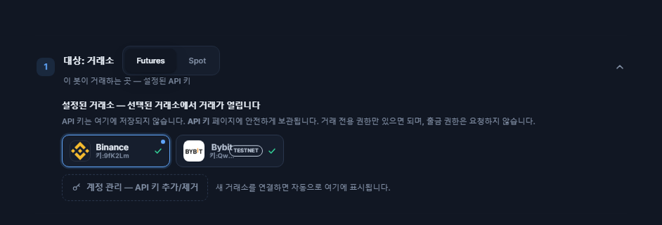 API 키 연결 후의 대상: 거래소 섹션: Futures/Spot 선택, 파란 테두리의 선택된 Binance 카드, TESTNET 배지가 있는 Bybit 카드, 계정 관리 링크