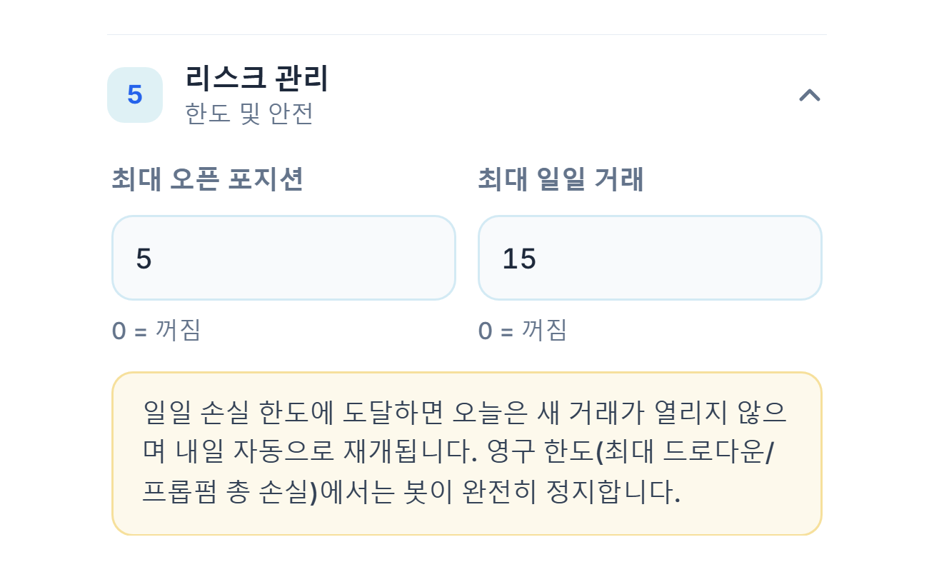 리스크 관리 빠른 모드: 최대 오픈 포지션과 최대 일일 거래