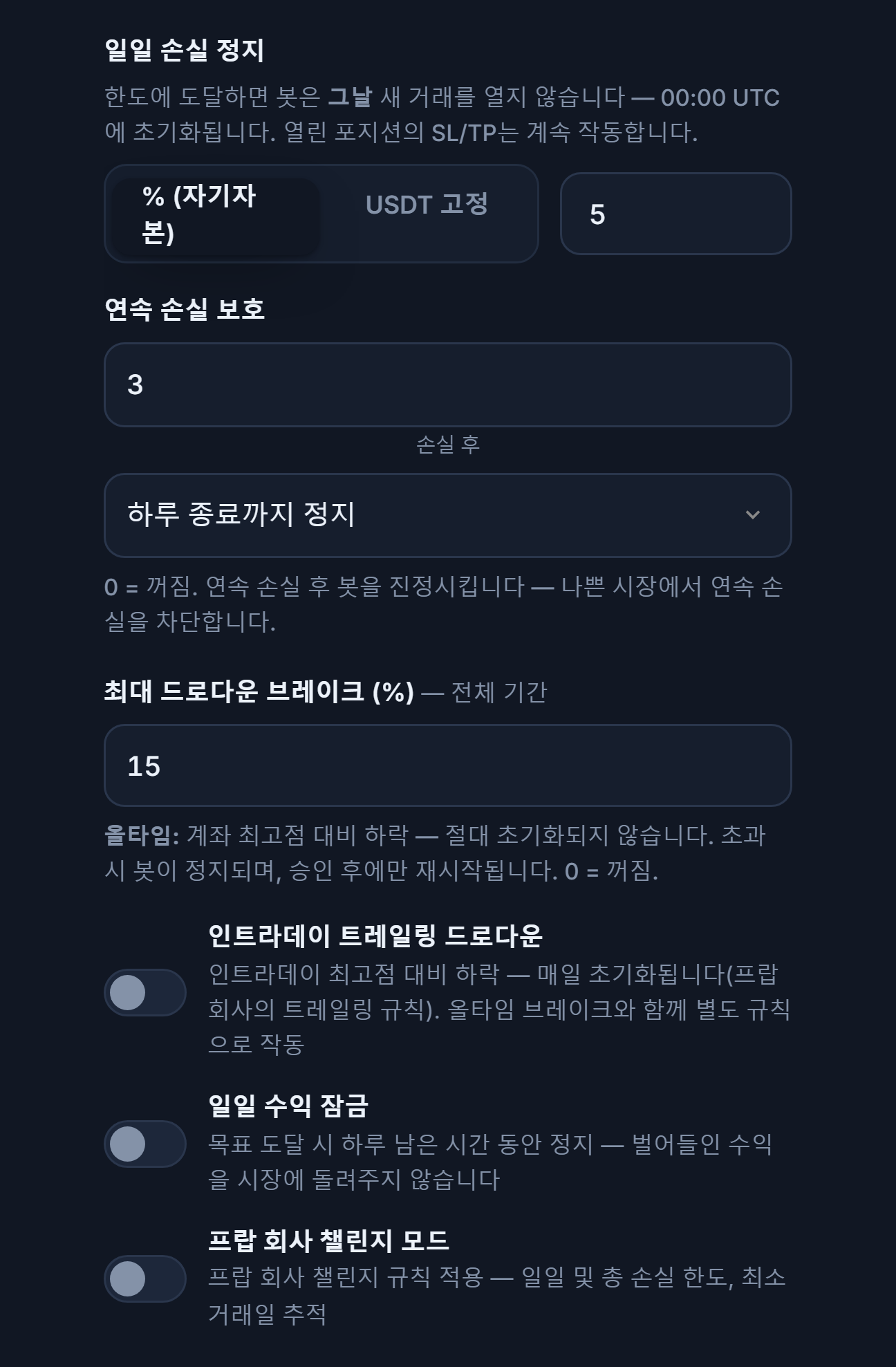 보호 실드 고급, 손실 컬럼: 일일 손실, 연속 손실, 최대 드로다운, 인트라데이 트레일링 드로다운, 인트라데이 드로다운 한도와 초기화 시간, 일일 수익 잠금