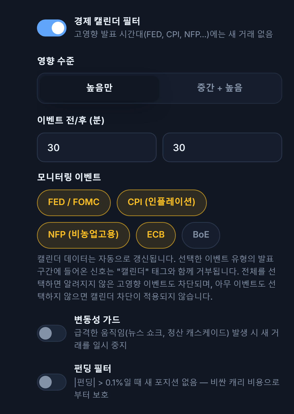 보호 실드 시장 컬럼: 경제 캘린더 필터, 영향 수준, 이벤트 전후 분, 모니터링 이벤트, 변동성 가드, 펀딩 필터